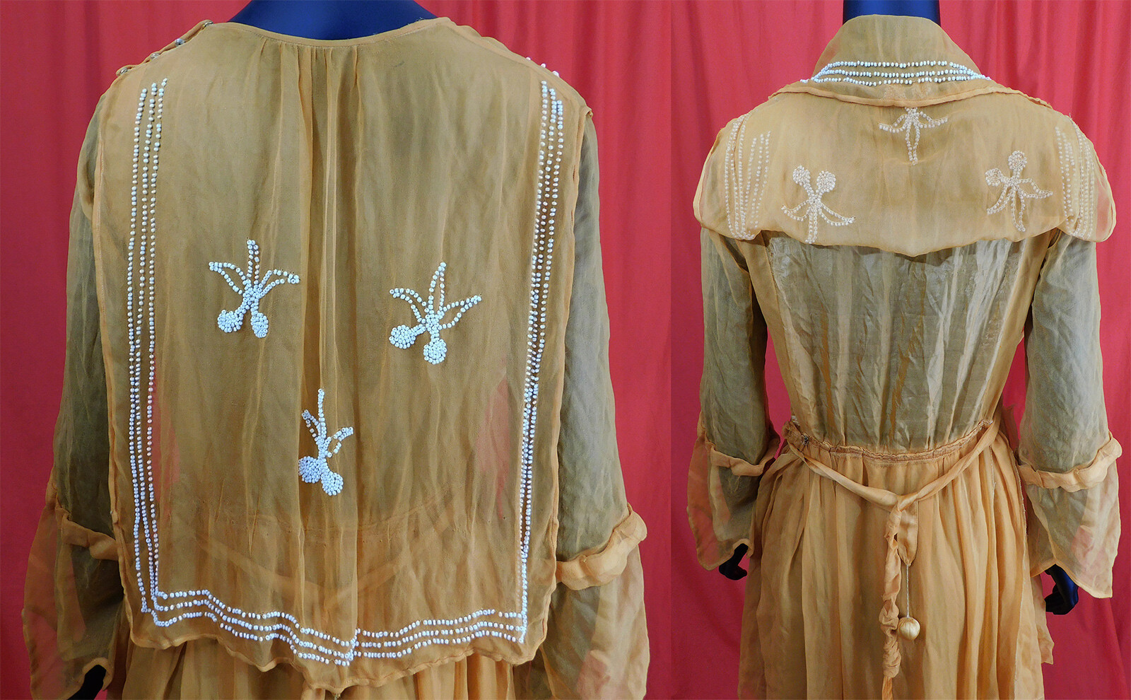 Vintage Orange Silk Chiffon White Beaded Cherries Handkerchief Hem Tabard Dress