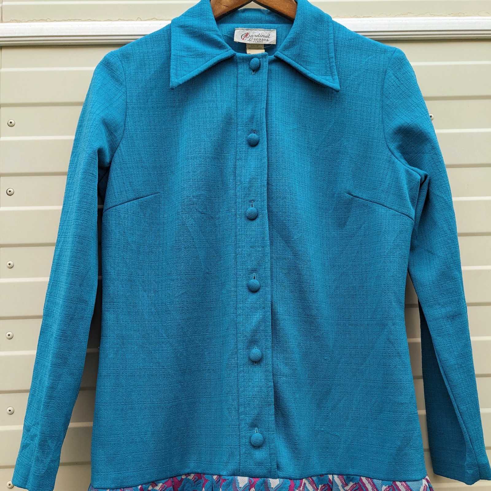 Vintage Mod Scooter Dress Large 60s 70s Blue Pleated Drop Waist Floral Button Up