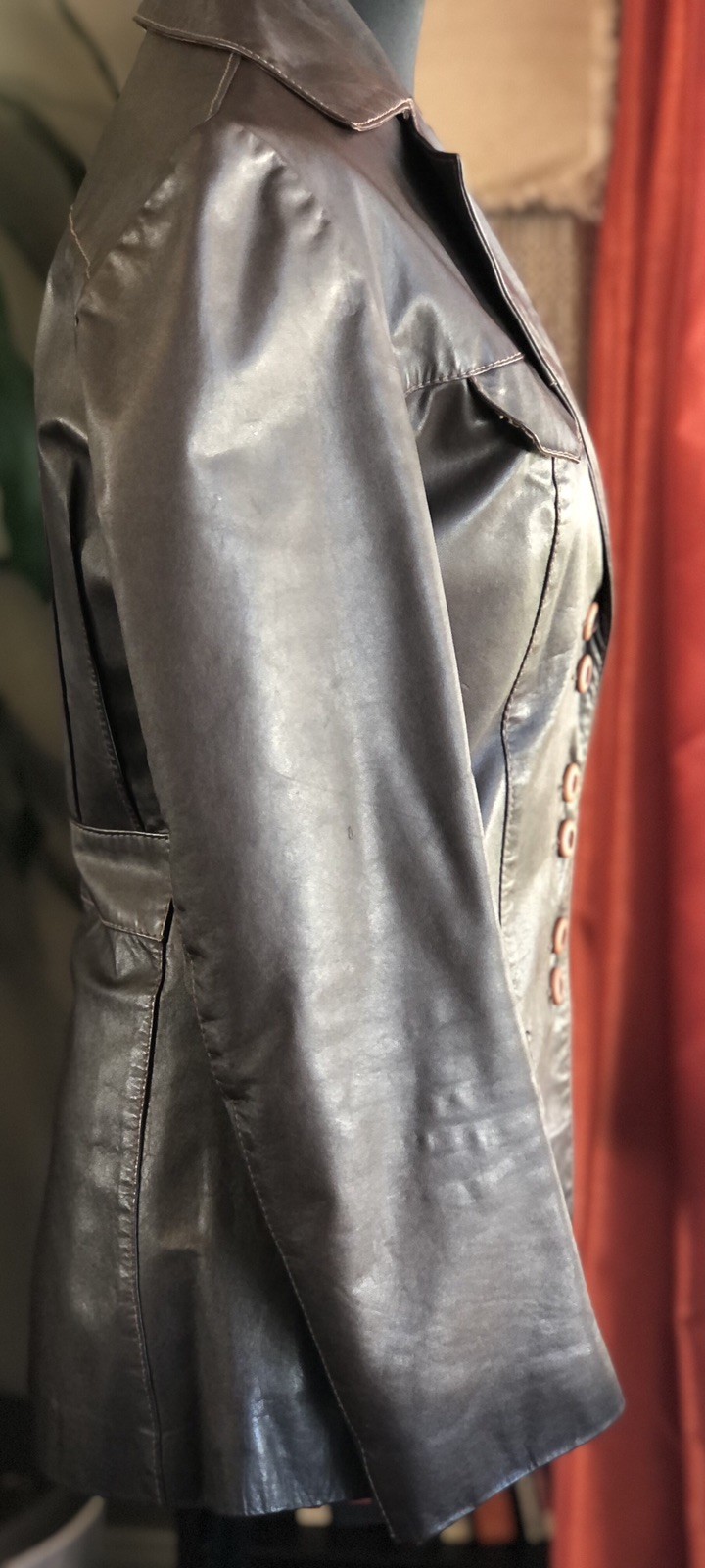 Vintage 1970s LEARSI Leather Jacket Size 14/Small Brown Cool Fashion Button GUC