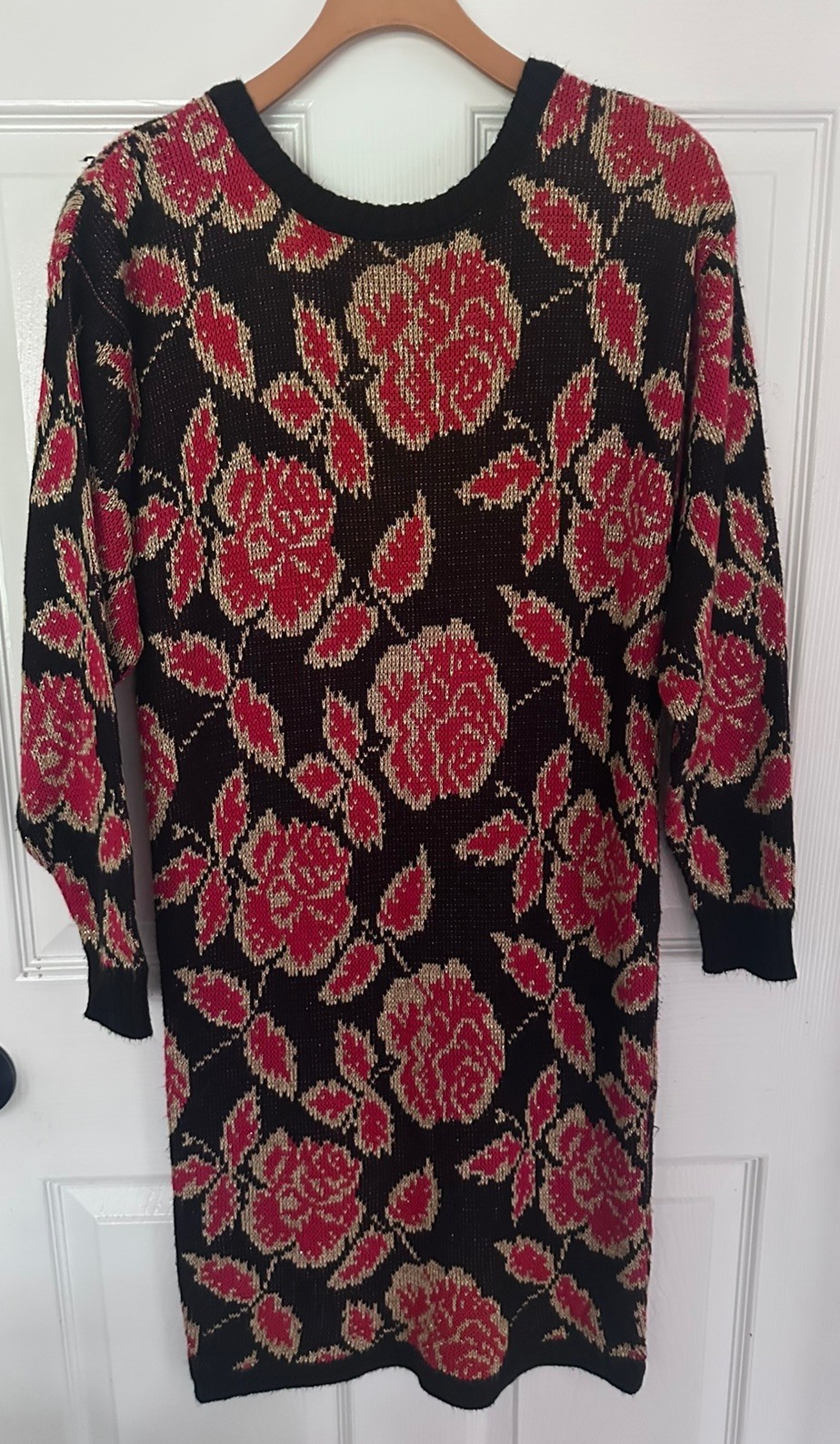 Vintage 80s 90s Wiz A Halmode Co. Sweater Dress black metallic red roses soft S