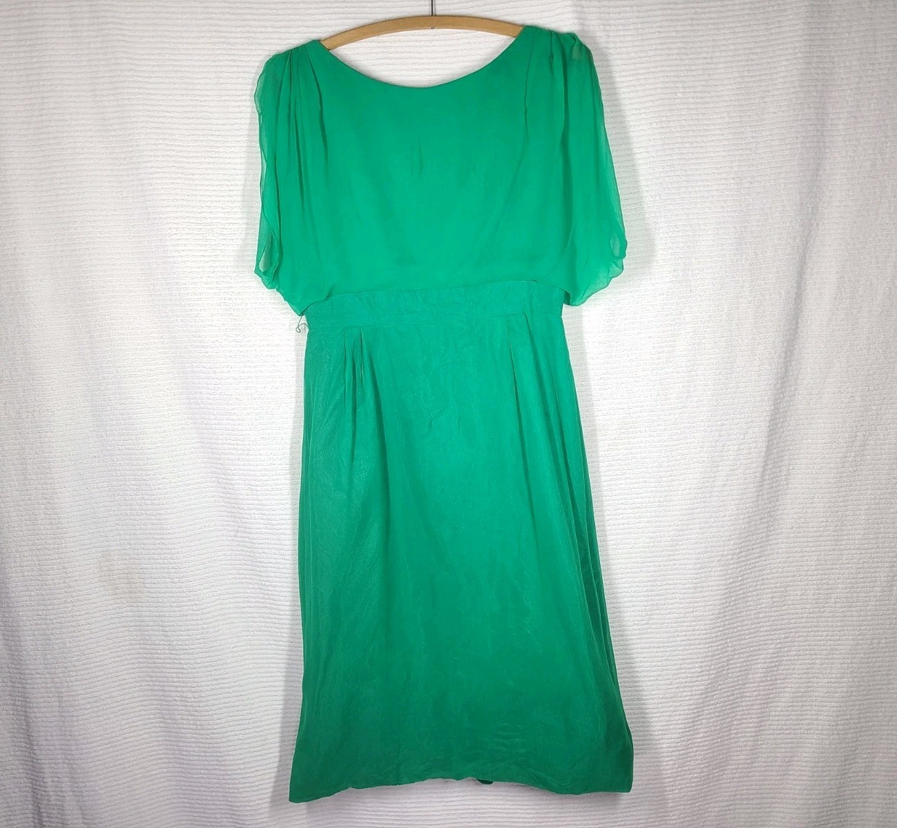 Vtg 60s Silk Sheer Overlay Dress Emerald Green Cape Shoulder Small Formal Retro