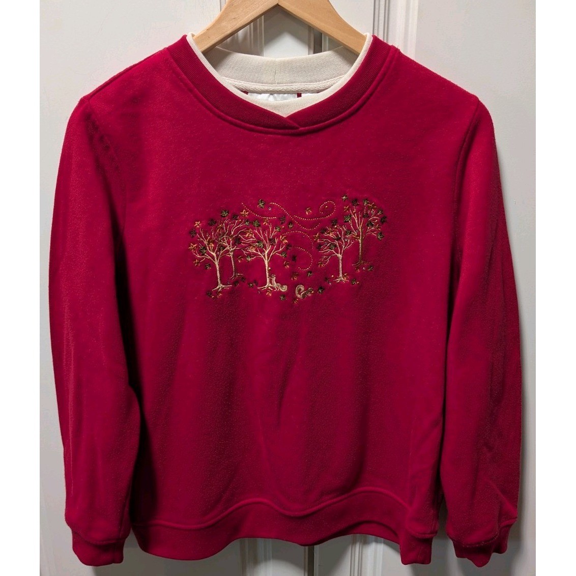 VTG Studio Works Womens Petite LG Red Fall Crew Neck Pullover Embroidery Leaves
