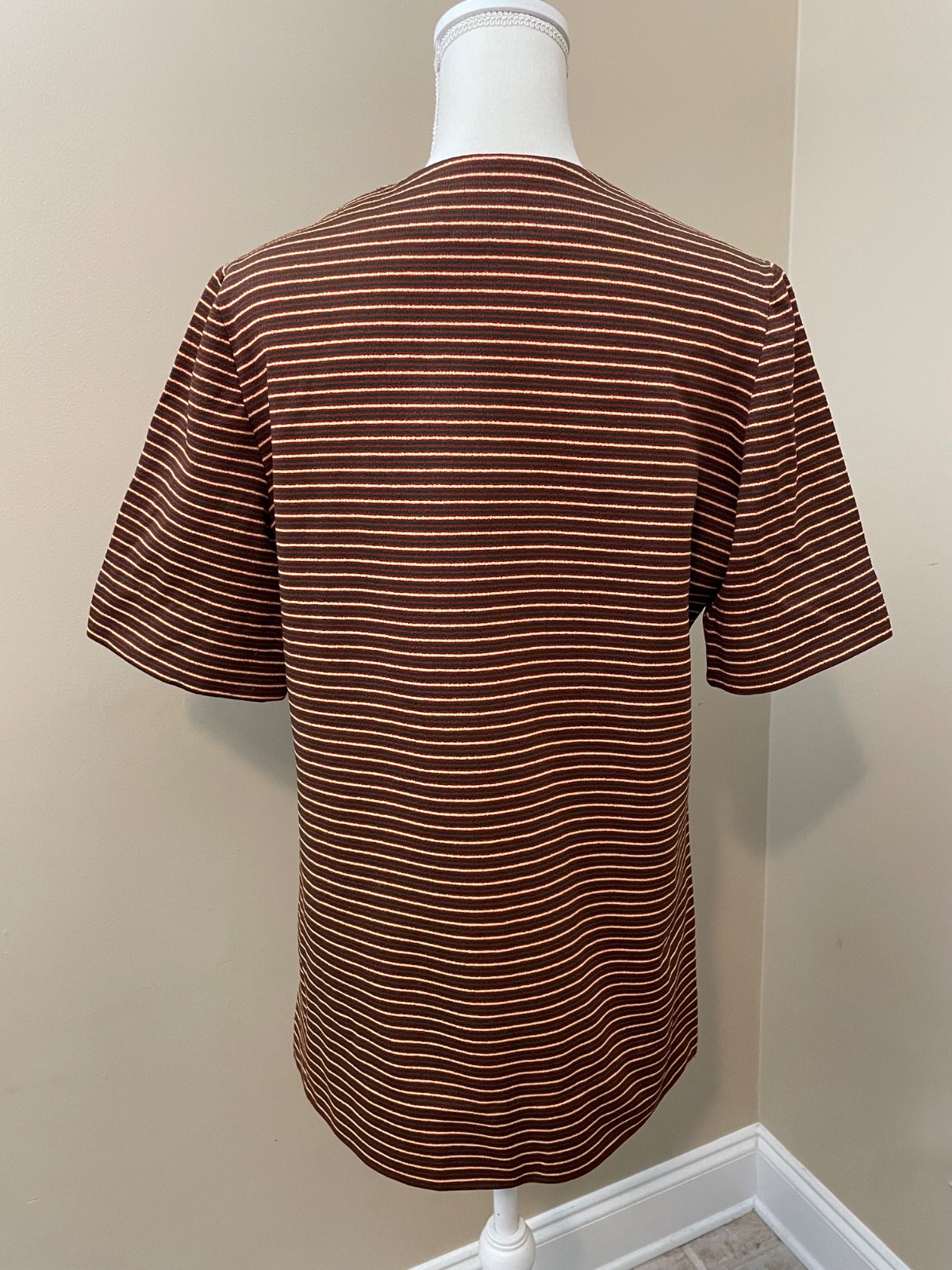 Vintage 70s Handmade Zip Front Tunic Top L Burnt Orange Green Striped Pockets