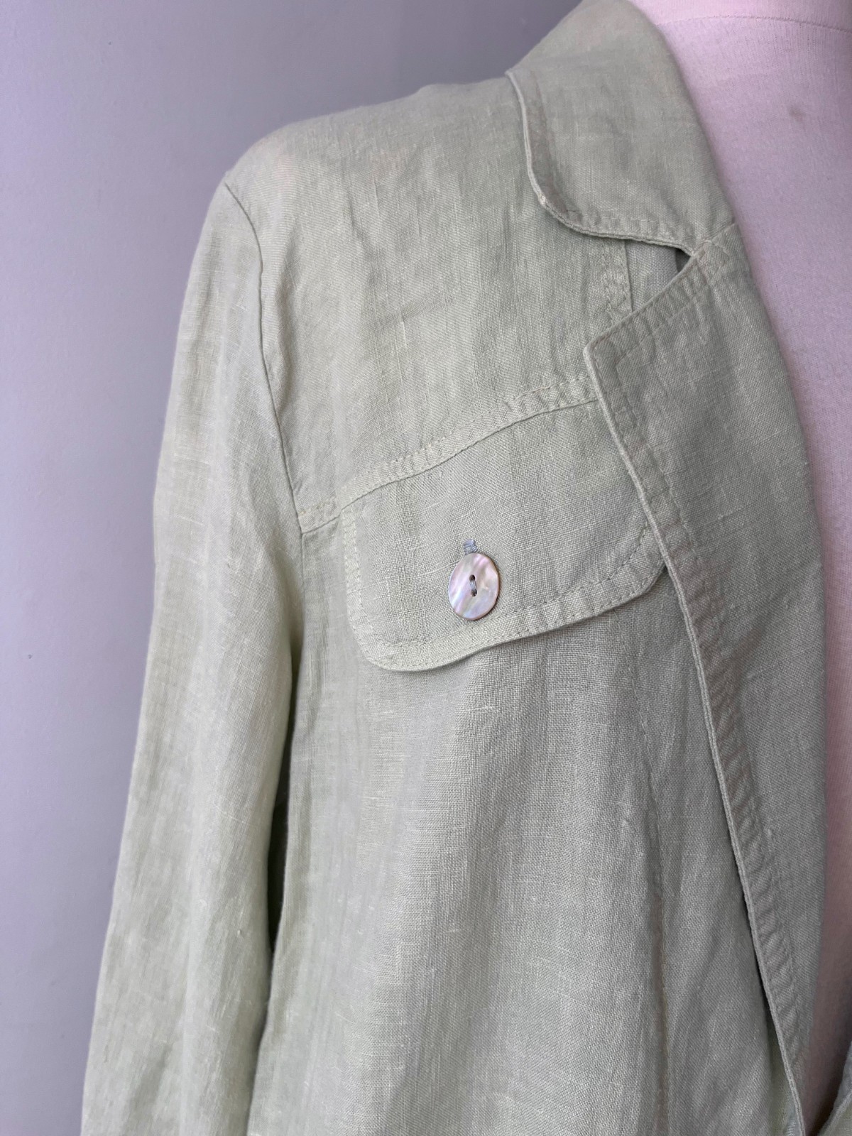 Pistachio Linen Chore Coat Vintage 90s Oversized Quiet Luxury Mother of Pearl