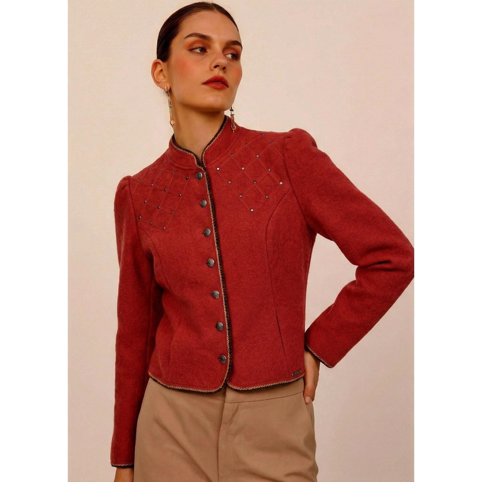 Vtg Geiger Women’s 40 Boiled Wool Jacket 80s Pewter Buttons Tyrolean Grandmacore