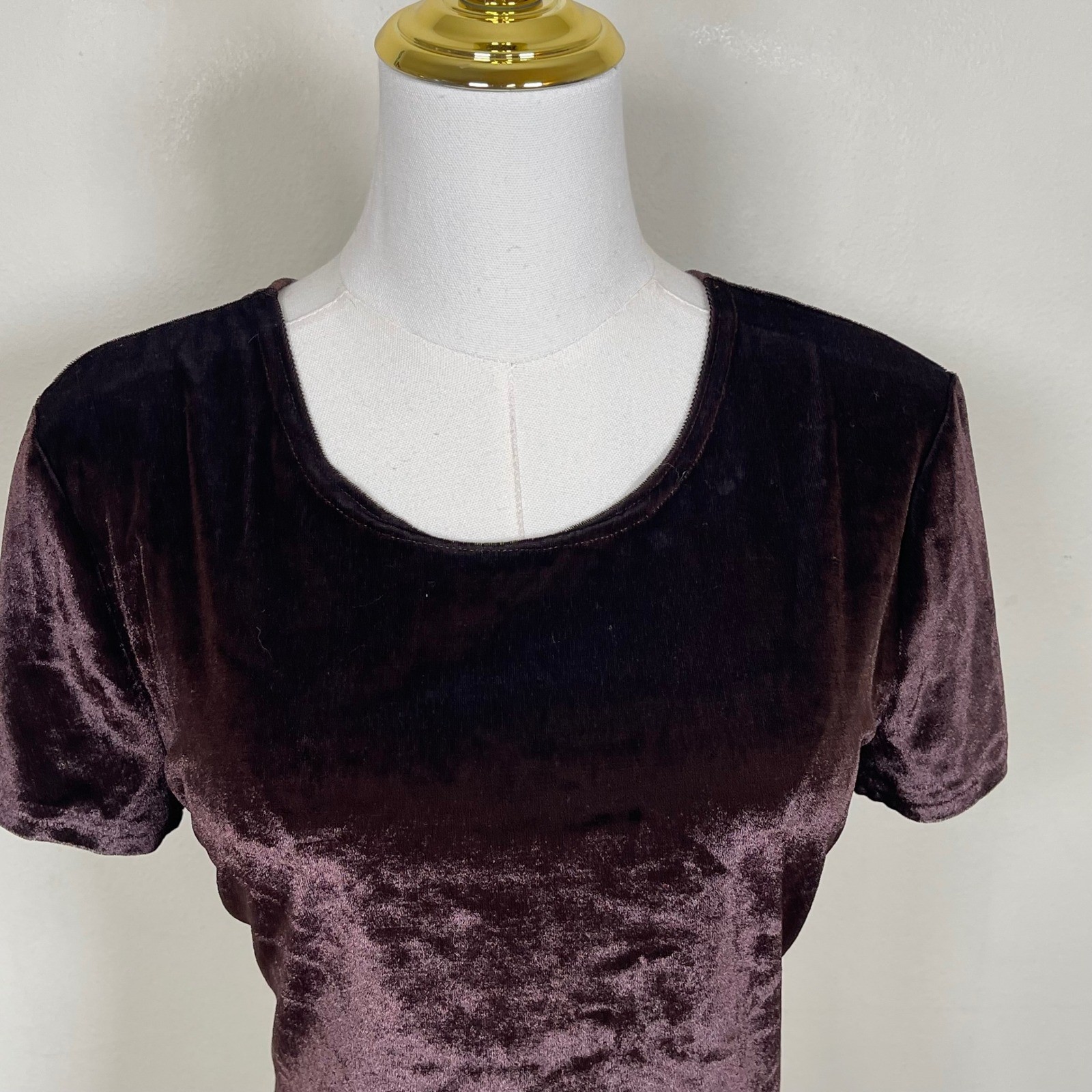 Vintage Aqua Blues Velvet Crop Top Womens L Chocolate Brown 90s Made in USA