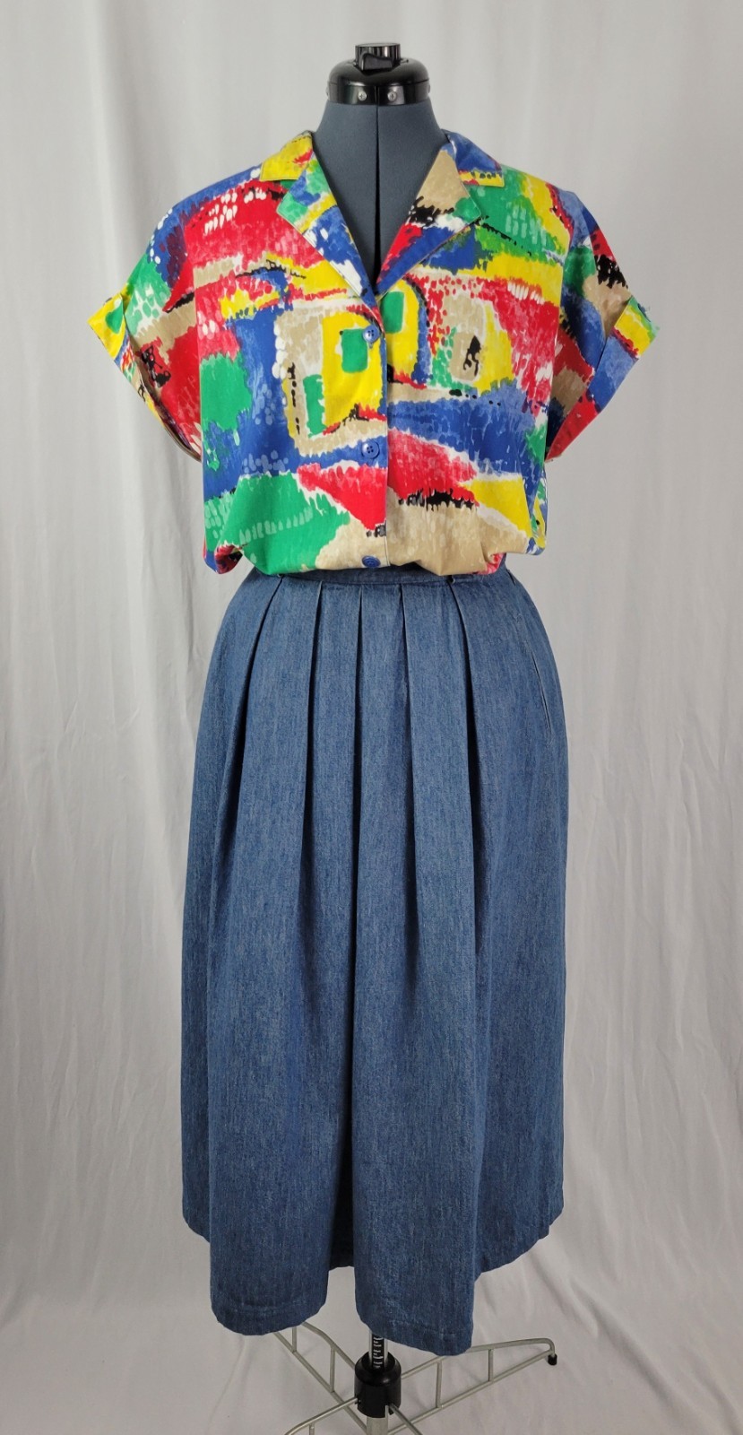 Vintage Ecco Bay Red/Yellow/Green/Blue/Tan S/S Button Down Top Size Med