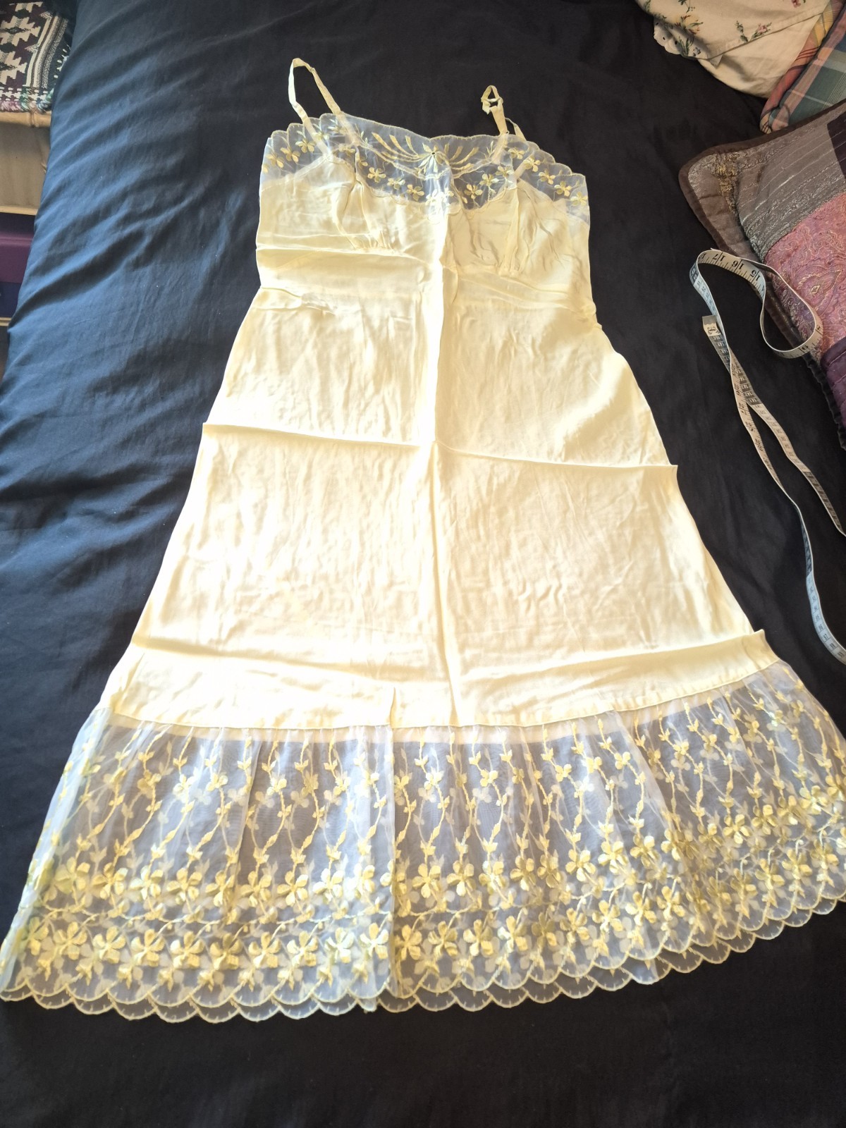 Vintage Fancy Yellow Rayon Full Slip Size 38 Exceptional Unbranded