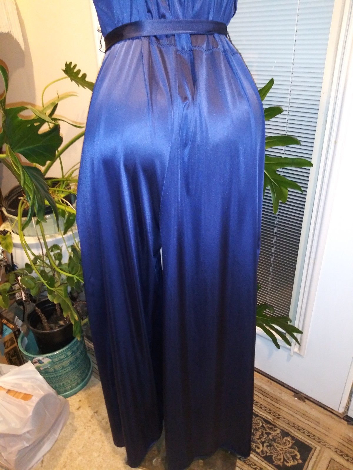 Vtg Silky Nylon Flower Chantilly Lace wide PALAZZO JUMPSUIT Romper Nightgown
