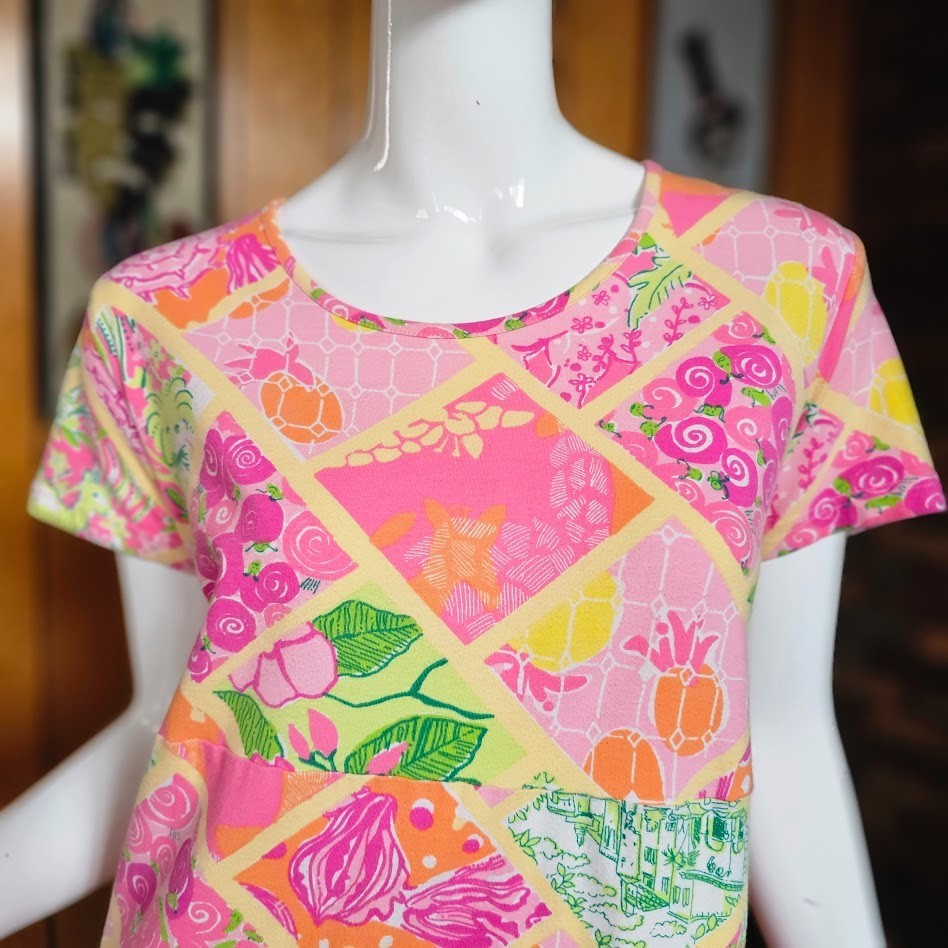 Vtg Y2K Lilly Pulitzer Worth Patch Lions Giraffe Patchwork T-Shirt Dress L/XL