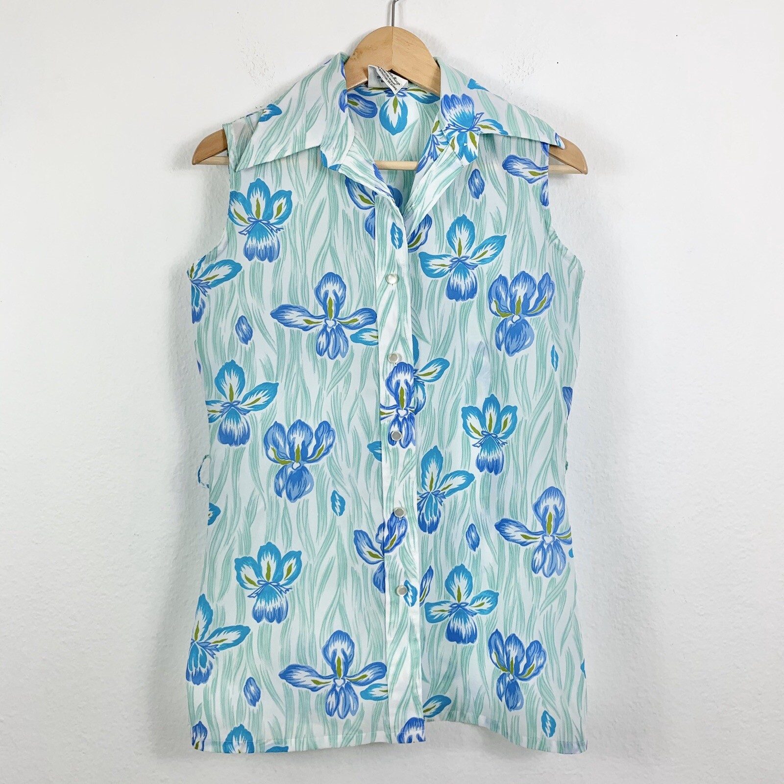 Vintage Top Button Sleeveless Collared Floral Blue Green Tank Kmart