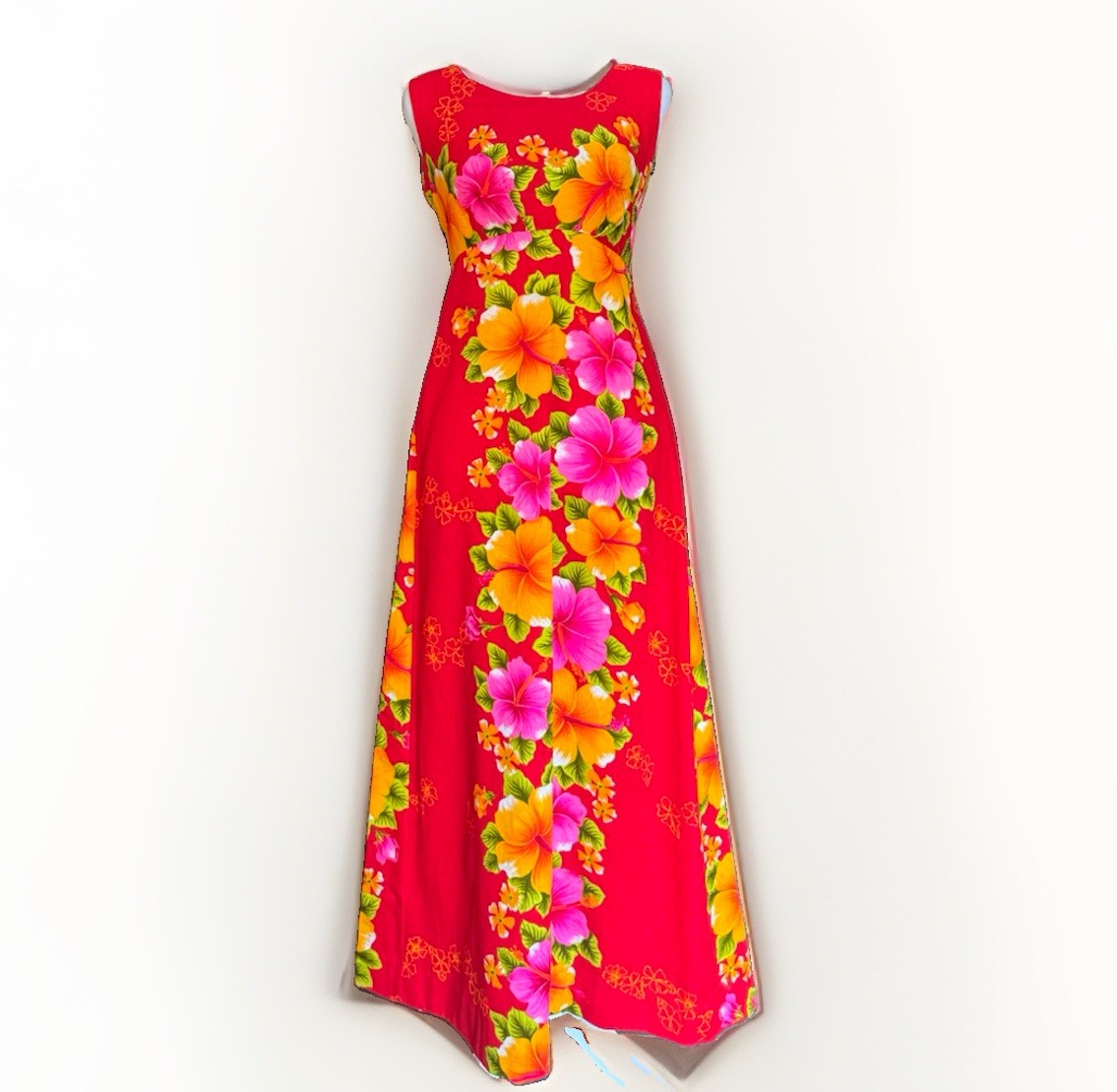 Vtg Pomare Hawaiian Maxi Floral Dress Tiki Luau 60s 70s Hibiscus Empire Waist 10