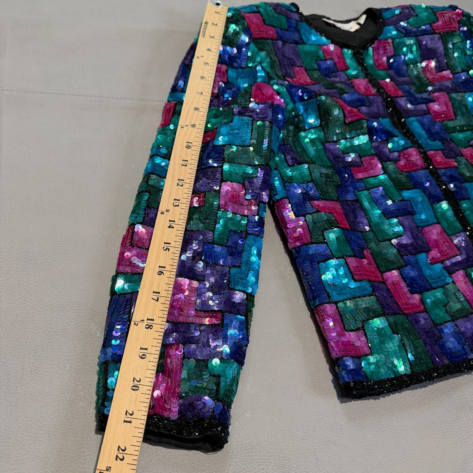VTG Laurence Kazar Sequin 100% Silk Geometric Blazer Jacket Colorful Festivel-L-