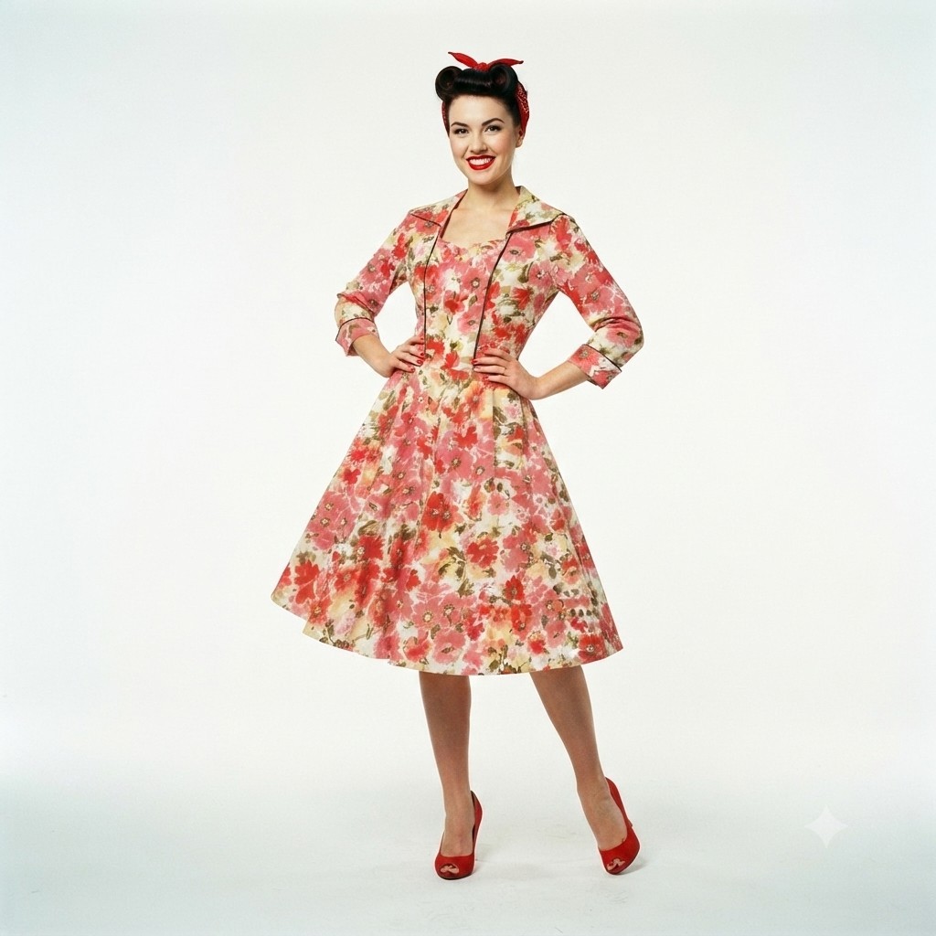 Original 50s Vintage Floral Pink Dress M Pinup Rockabilly Swing Dance Housewife