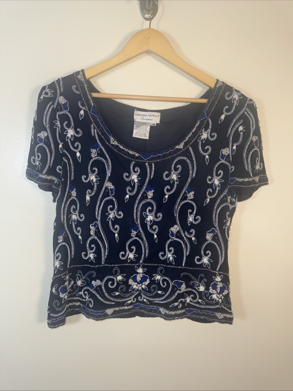 Vintage Adriana Papell Occasions Silk Beaded Blouse Women’s 14 Navy Embroidered