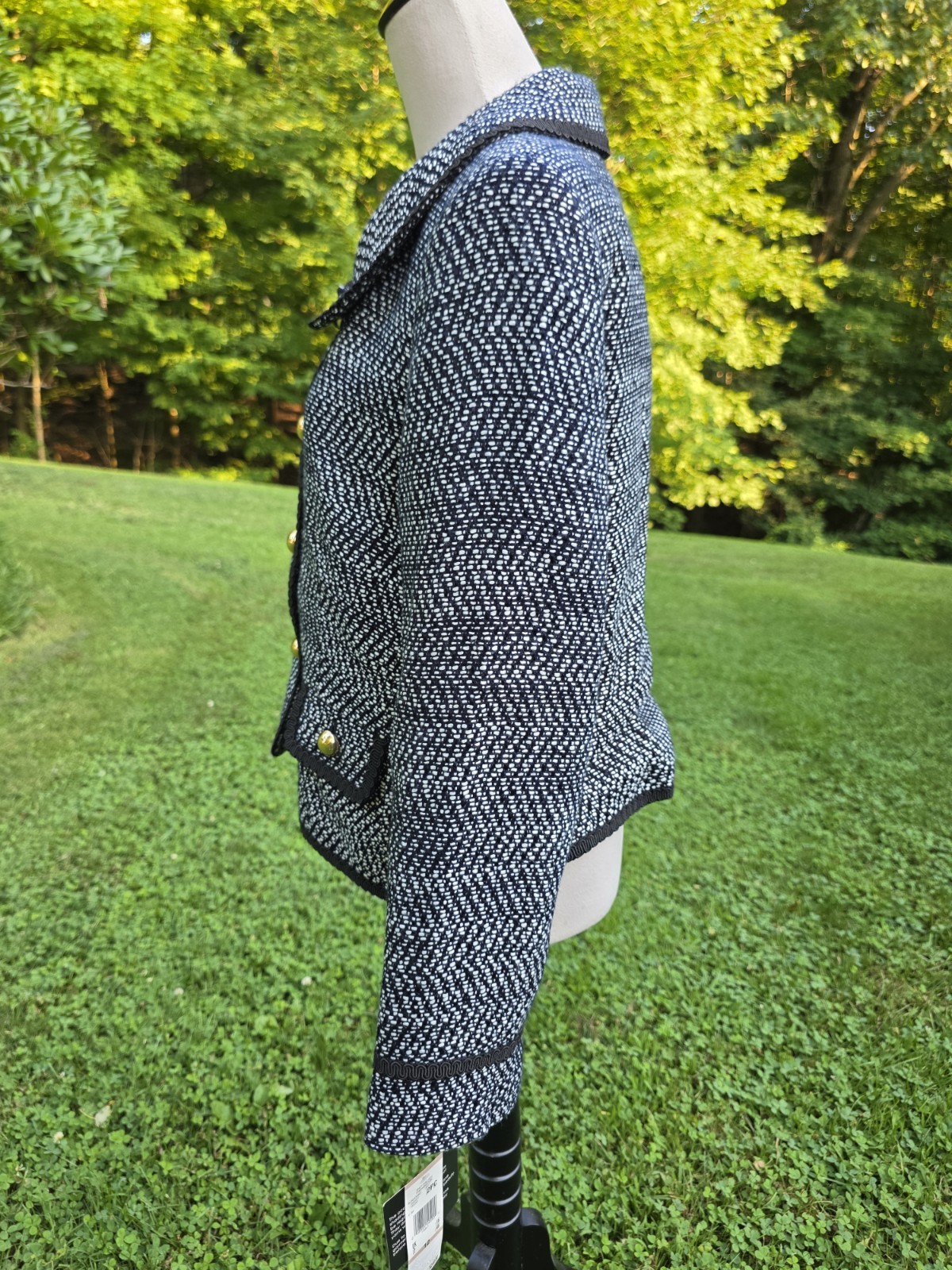 Vtg Kasper NWT Tweed Blazer Jacket Black White Gold Button Braided Trim Sz 12