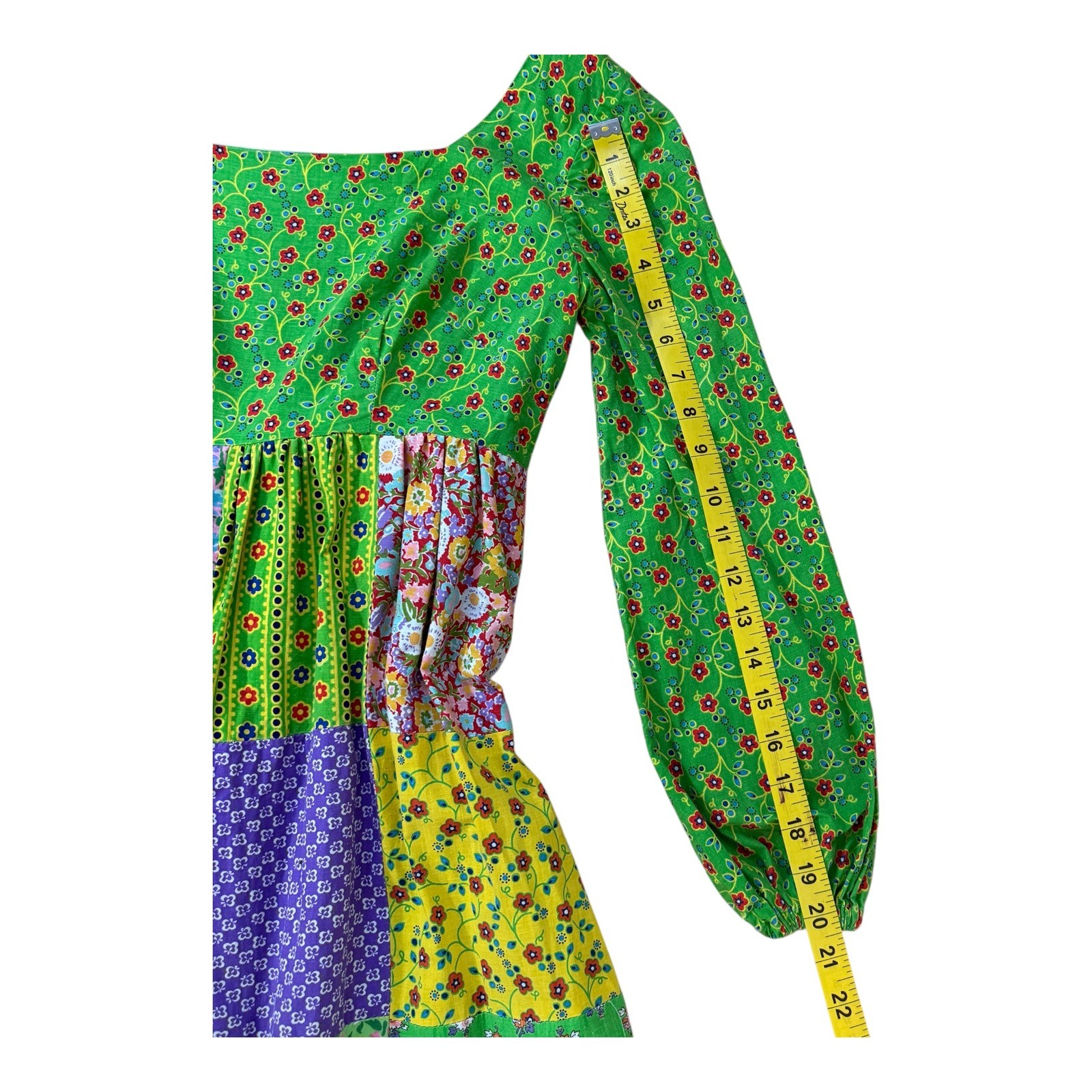 Vtg Mountain Artisans Patchwork Maxi Hippie Dress Floral Boho Green Pink Size 8