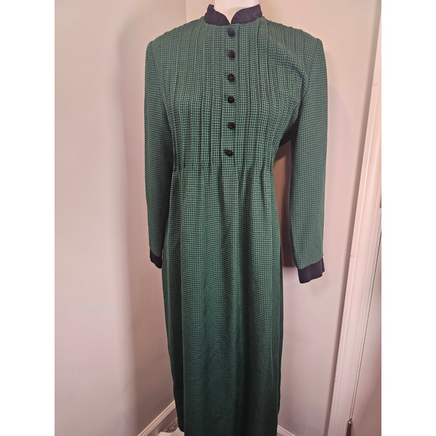 Miss Dorby Vintage Green Houndstooth Maxi Dress Long Sleeve Mock Neck Size 8