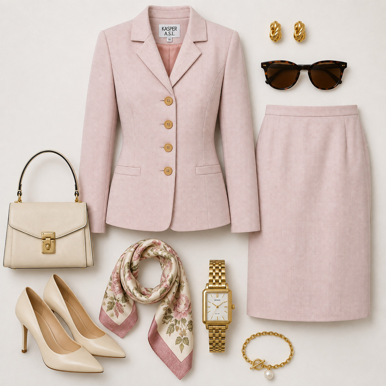 Vintage Women’s Size 10 Pink Microcheck Wool Blend 2pc Skirt Suit Kasper A.S.L.