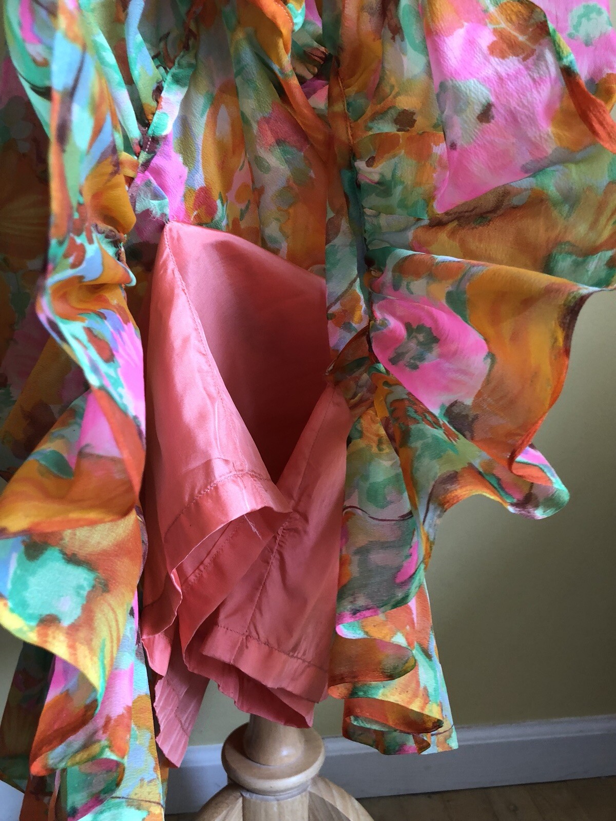 Vintage 70s Psychedelic Bright Pink Orange Floral Long Hippie Dress Sz Sm-Medium