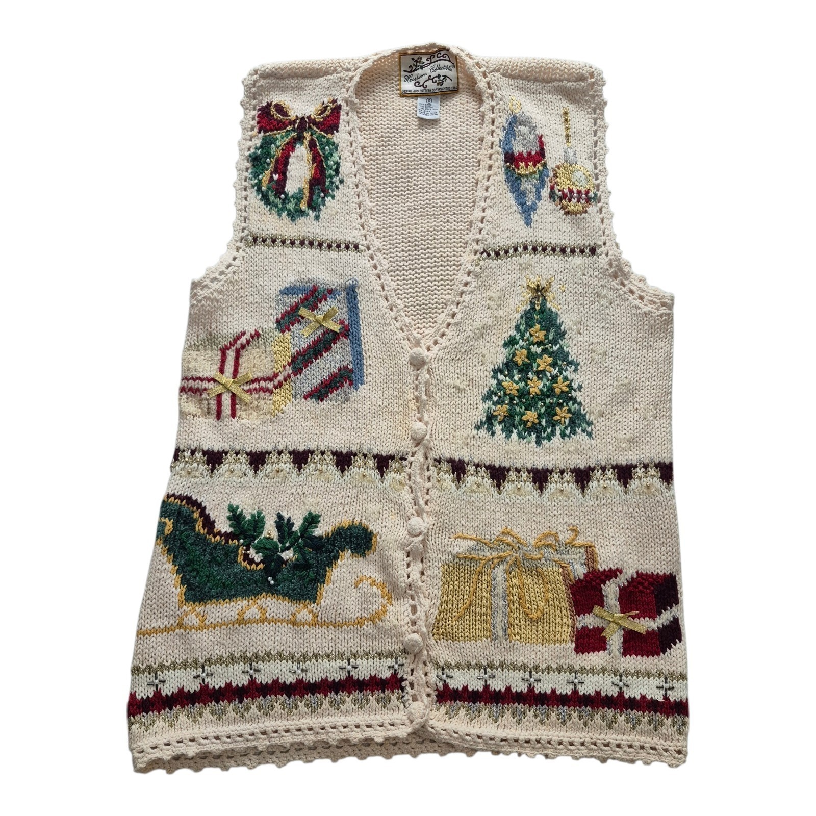 Vintage Heirloom Collectibles 1996 Christmas Sweater Vest Small Beaded Knit Xmas
