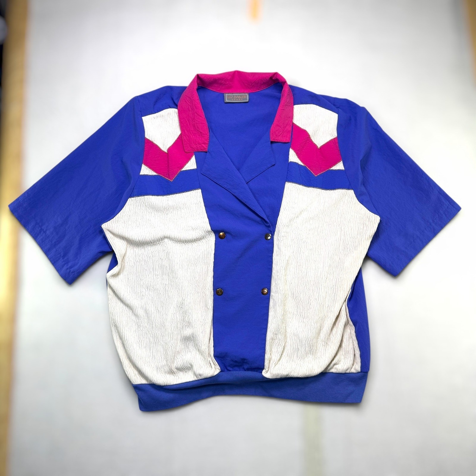 VTG Liz Baker Sport Colorblock Top Blue Pink White Womens 2X Short Sleeve USA