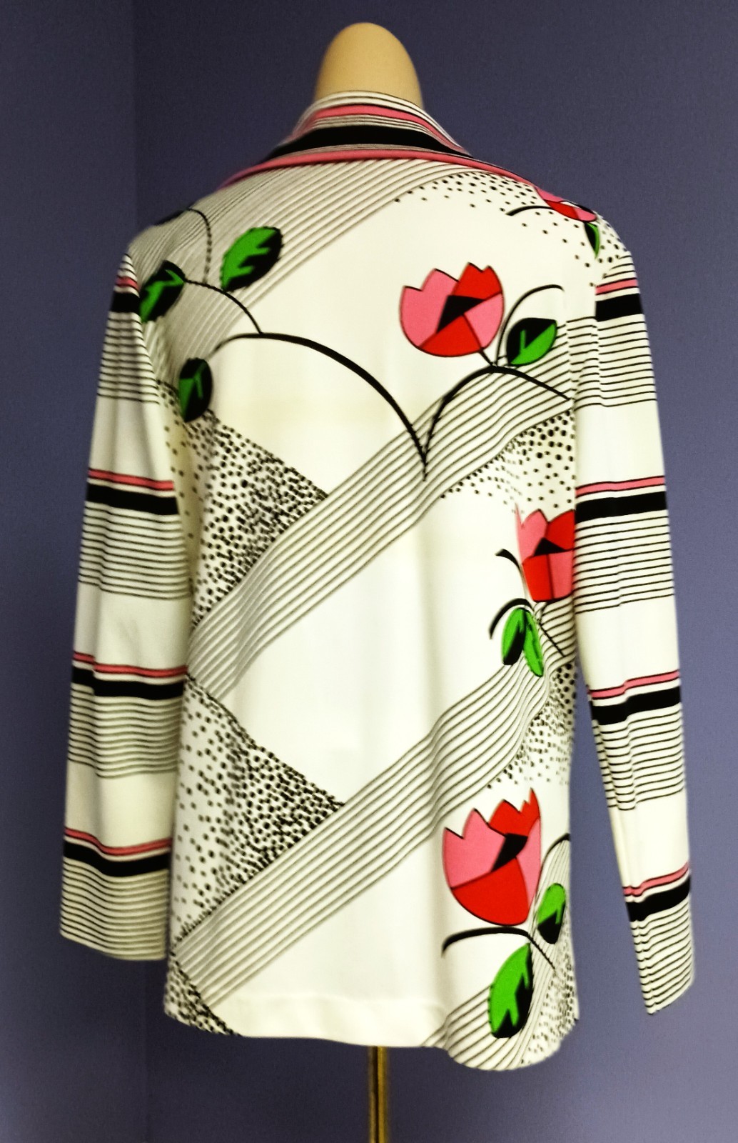 Vtg 70’s Ladies Trissi White/Black/Pink Polyester Geometric and Floral Blouse Lg