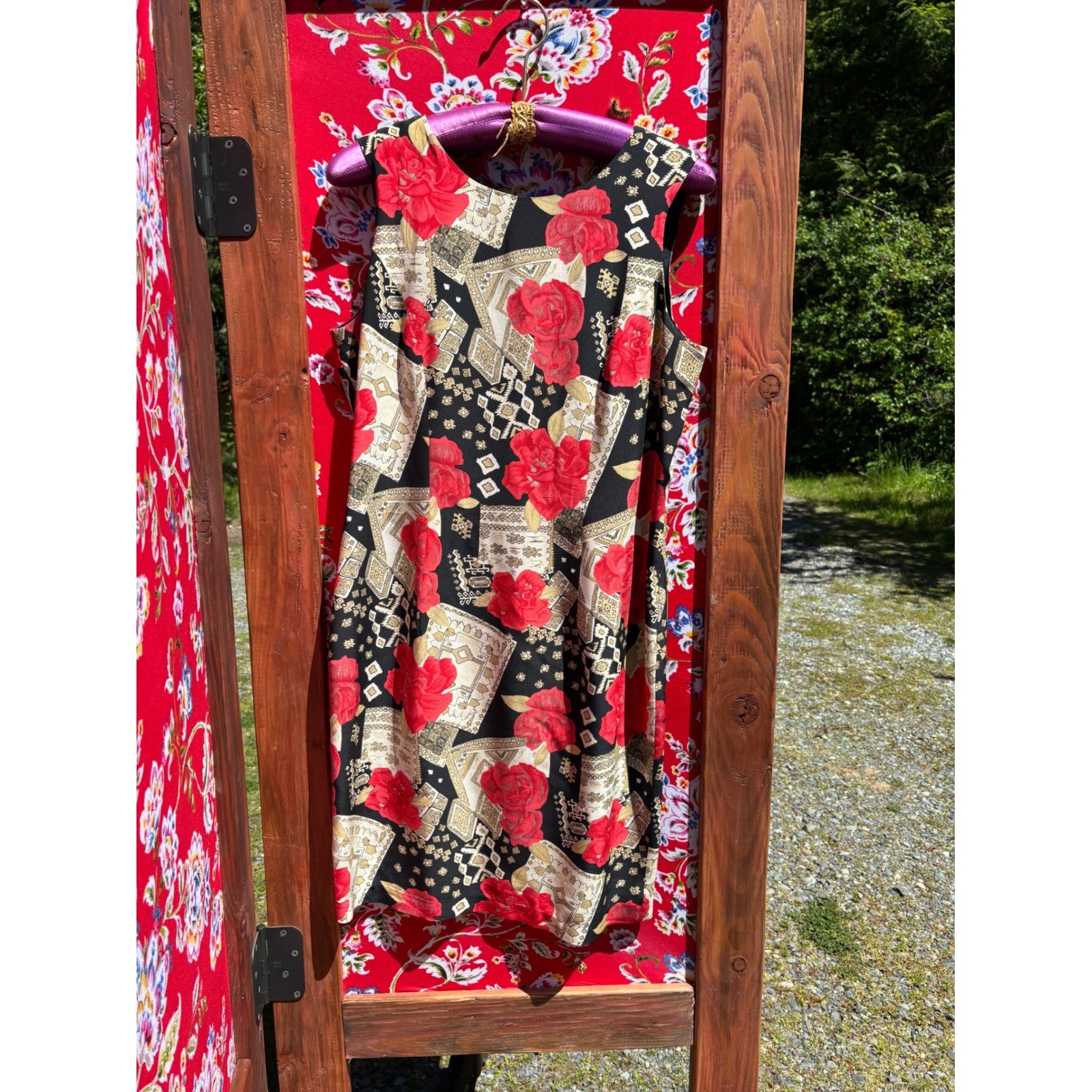 100% Silk Vintage Red Black Patchwork Print Boho Chic Euro Summer Dress Size S-M