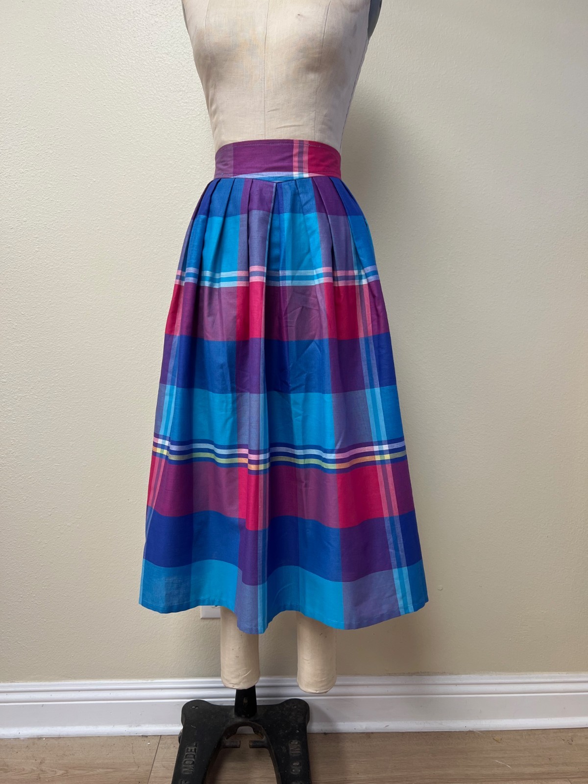 EUC Vintage 70s 80s Fritzi Madras Plaid Cotton Poly Blend Summer Midi Skirt