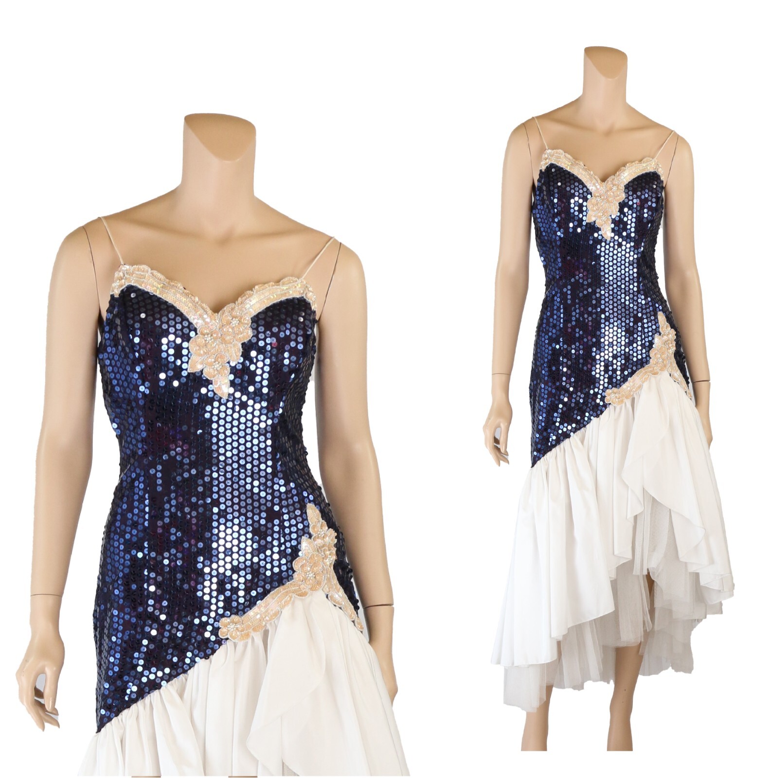 Loralie Look Vintage 80s Blue Sequin White Taffeta Party Prom Dress sz 9/10