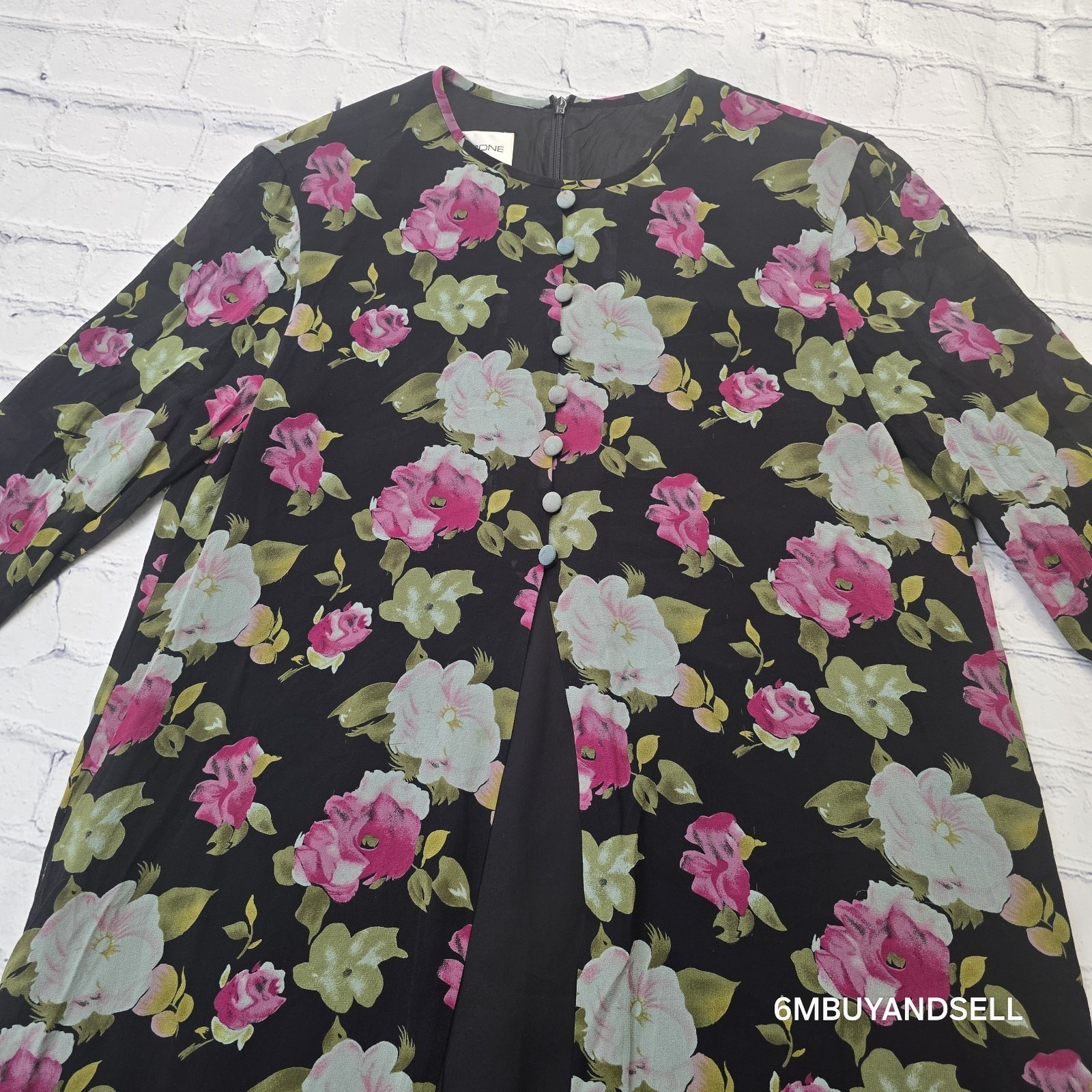 Evan-Picone Vintage 90s Silk Floral Midi Dress 12 Black Pink Purple 3/4 Sleeve