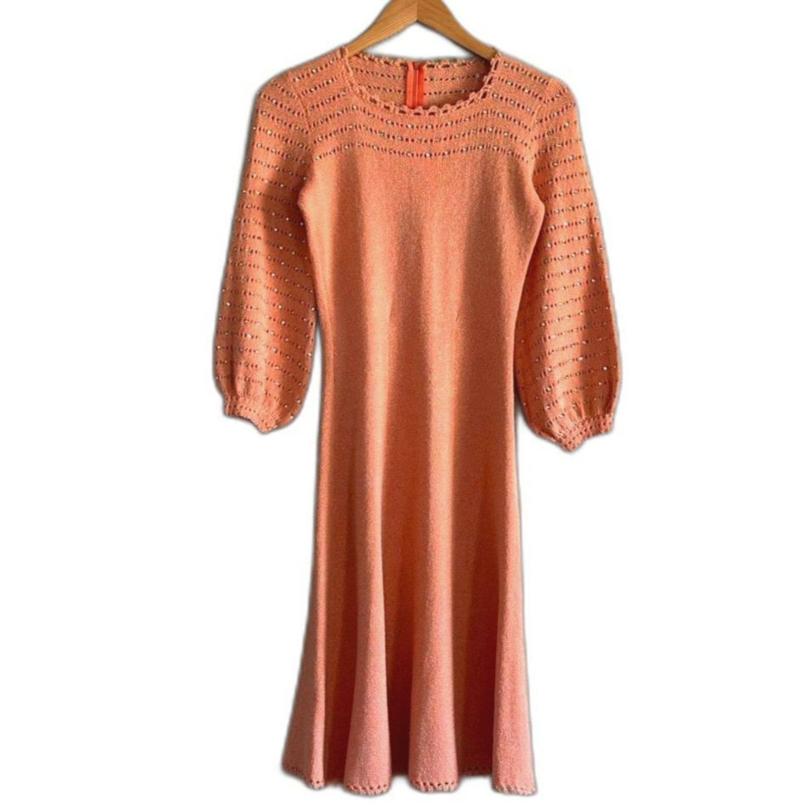 70’s Vintage Miss JoAnn Dress Peach Pink Embellished Eyelet Long Sleeve Size 8