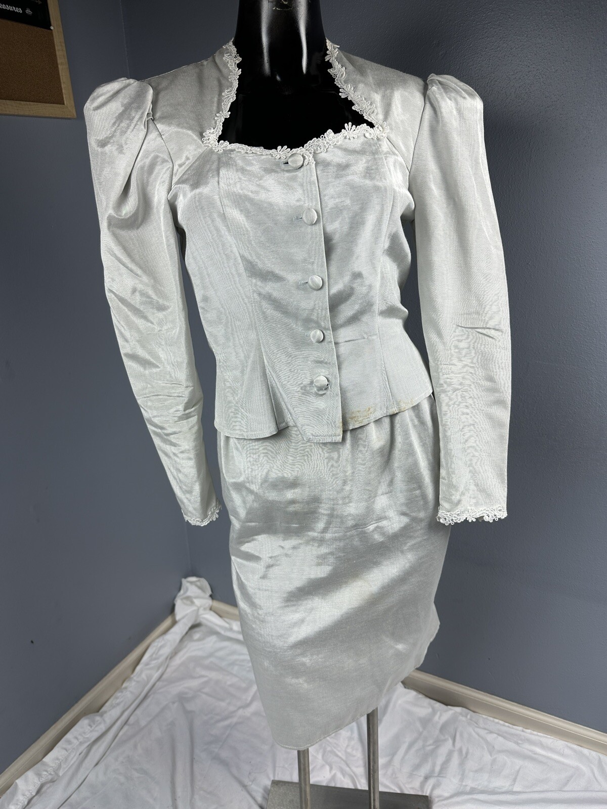 Vtg 2pc Gunne Sax By Jessica McClintock Jacket & Skirt Outfit Set Pale Gray 5/6
