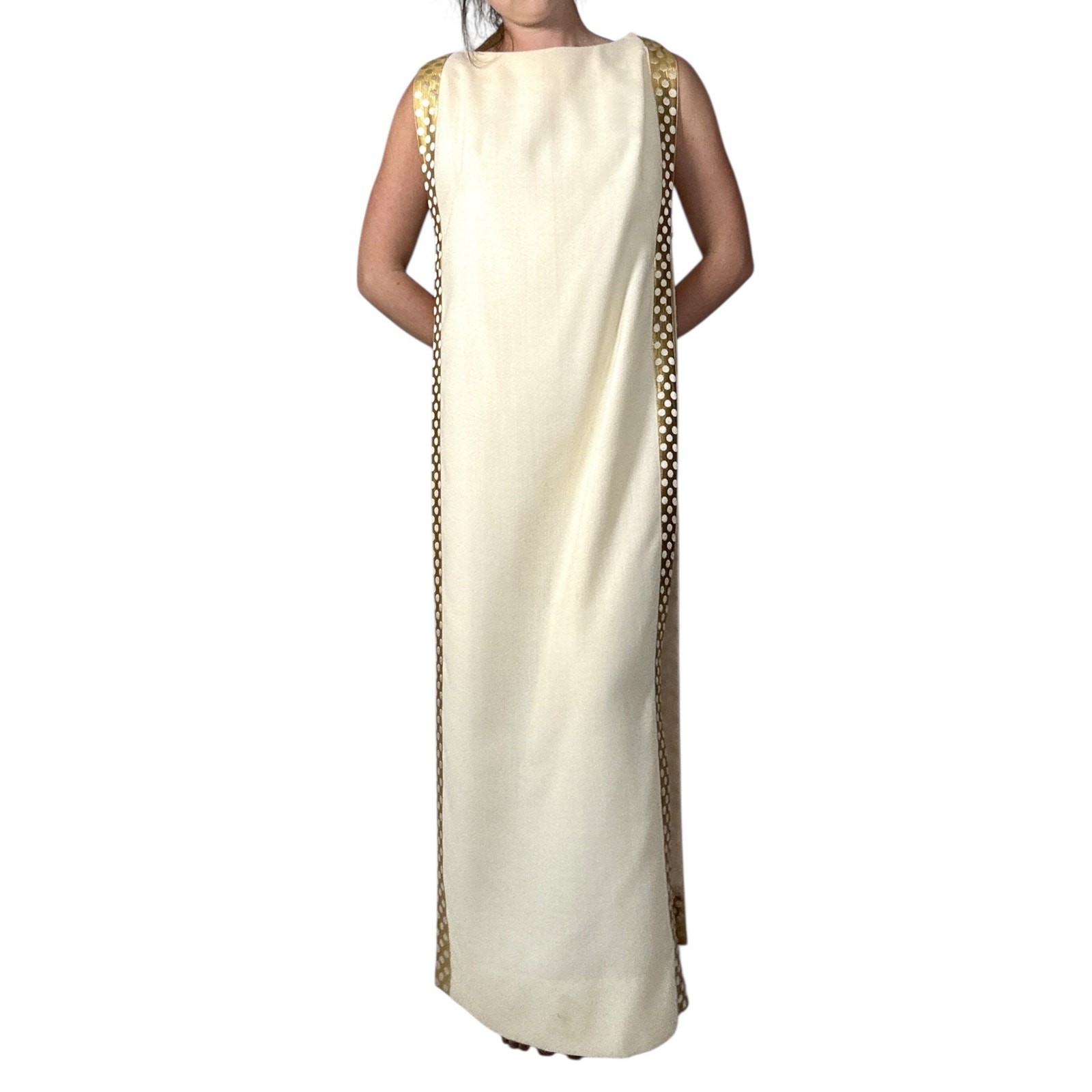 Vintage 1960s White Wool Jumpsuit Peer Label Metallic Gold Polka Dot Cape Mod