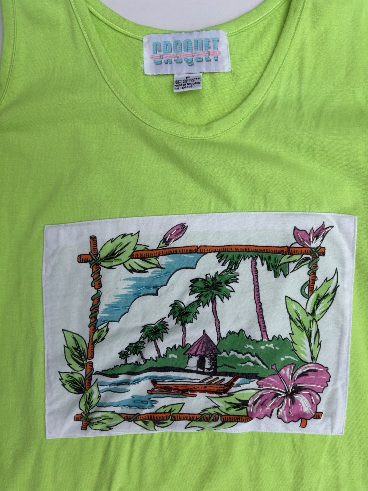 Vintage 90s Lime Green Tropical Print Boxy Tank Top with Beaded Embellishments M