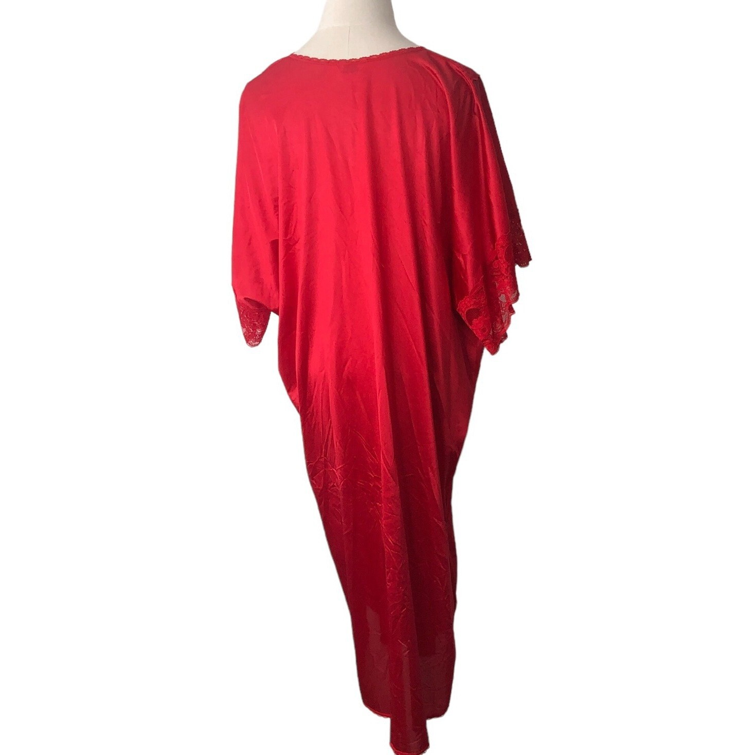 Vtg Danbury Nightgown Lipstick Red Nylon Lace V-Neck Caftan Kaftan Size Large