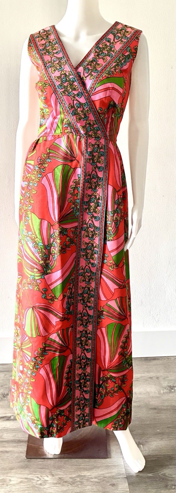 Vintage 70s B.Altman Faux Wrap Maxi Dress Gown PINK RED MOD Size 14