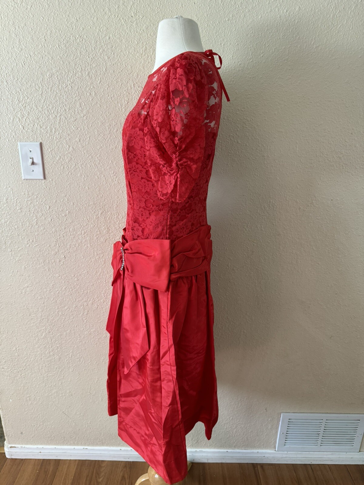 Vintage 80’s Red Lace Prom Dress Lydia Beetlejuice Size M Bow Rhinestone