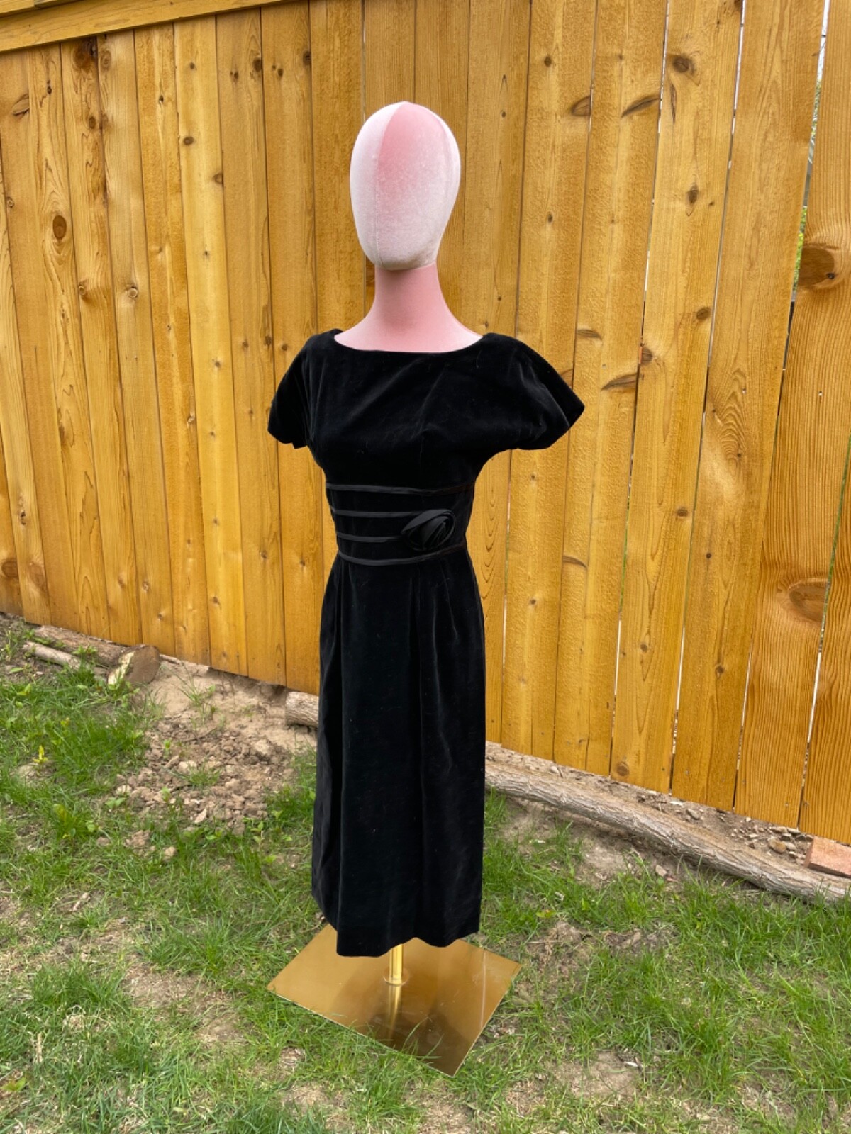 Vintage 50s/60s Black Velvet Dress with Rosette Detail