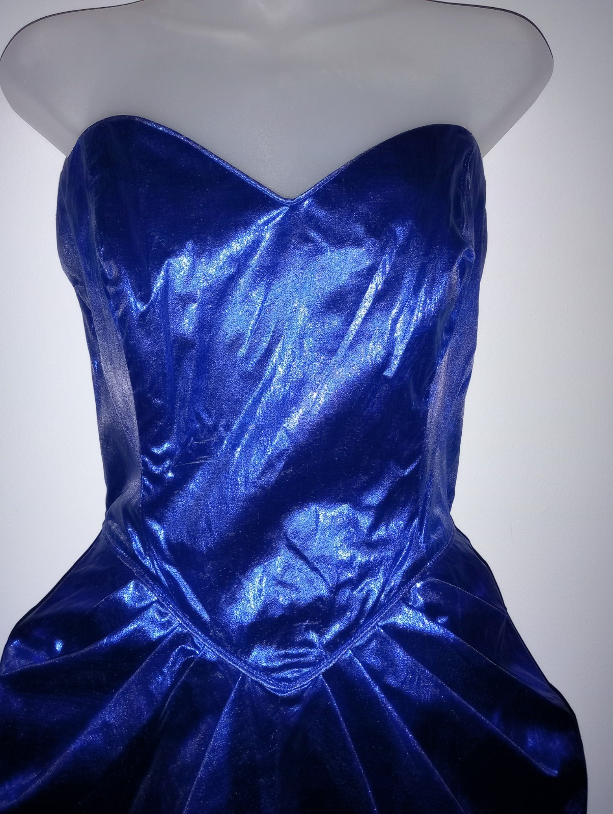 Vtg 80s Couture L.A. GLO dress metallic blue strapless bodycon peplum boning