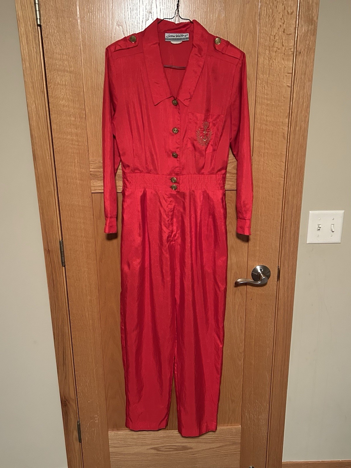 Vintage Joan Walters 80s Silky Red Gold Anchor Crown Utility Boiler Jumpsuit