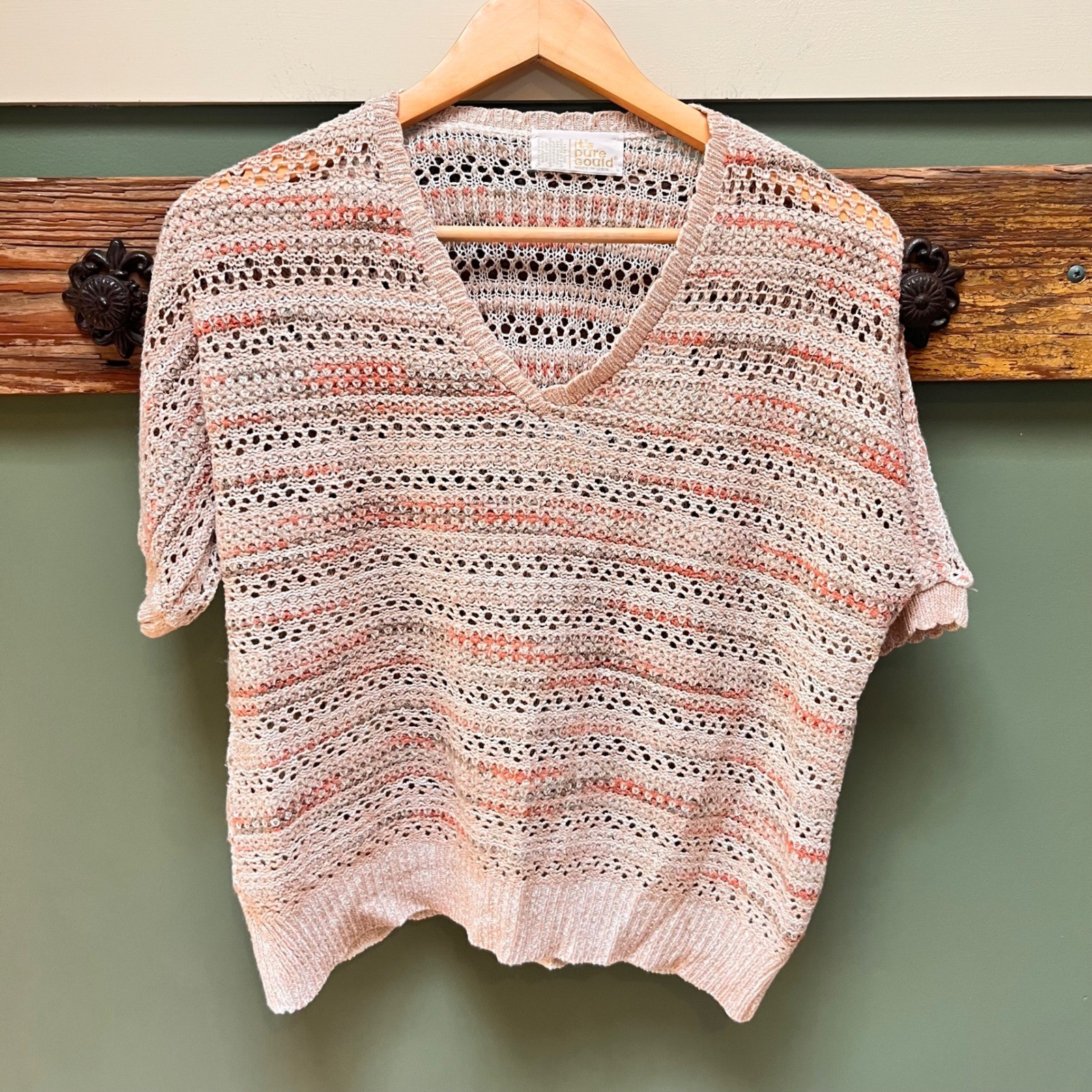 Its Pure Gould Vintage V-Neck Open Knit Striped Short Sleeve Sweater Peach Tan