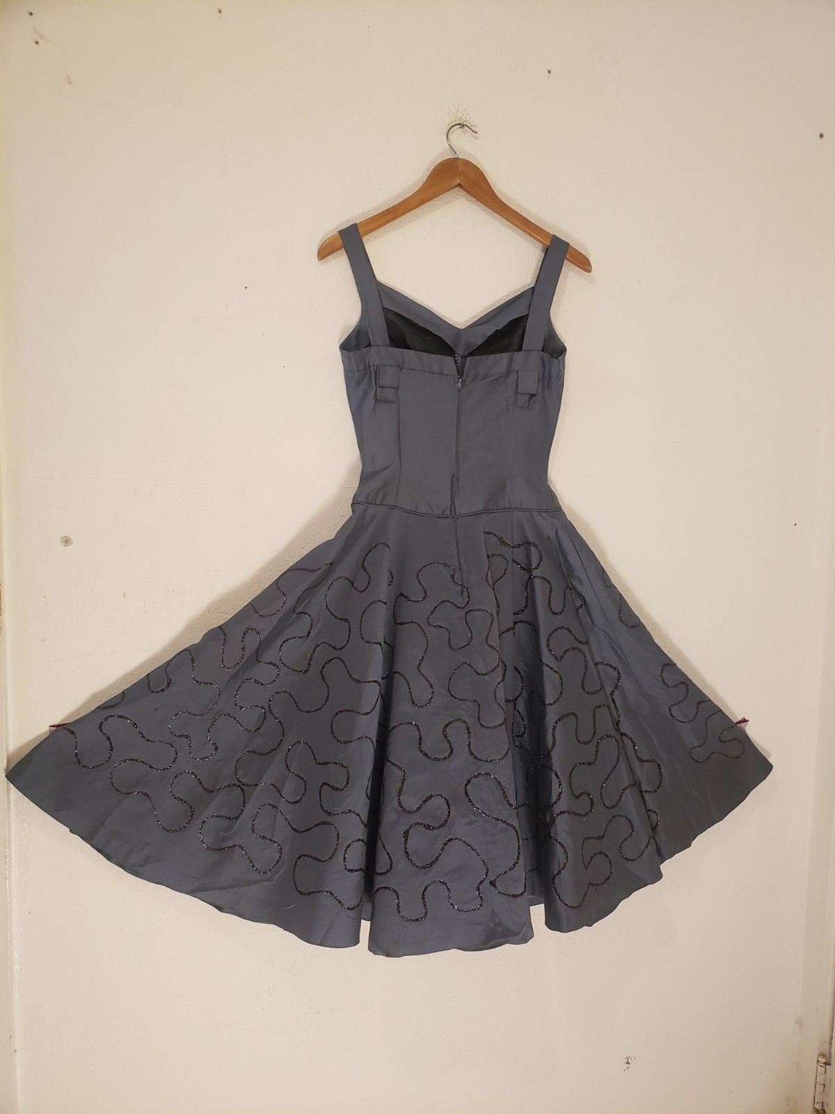 Vtg 50s Minx Modes Dress Gray Glitter Flare Skirt Dress MCM Sz 13 / M Glam