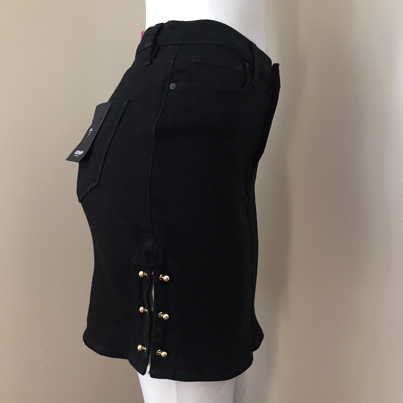 Hudson Women’s Gold Pierced Stretch Black Denim Skirt Sz 27 Urban Night NWT $225