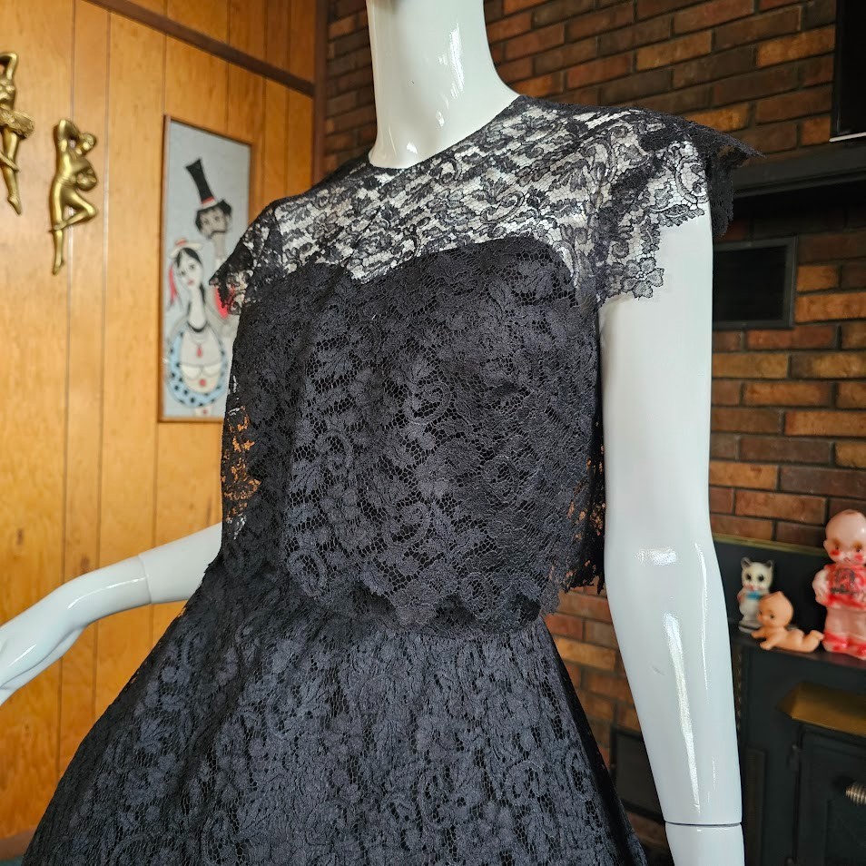 Vintage 1950s Black Lace Circle Prom Evening Cocktail Party Dress w/ Bolero XS/S