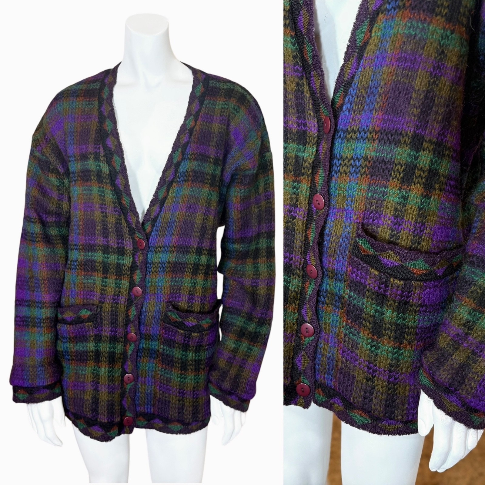 Vintage 80’s PLAID MOHAIR CARDIGAN M Knit Sweater Boxy Oversized Retro Pockets