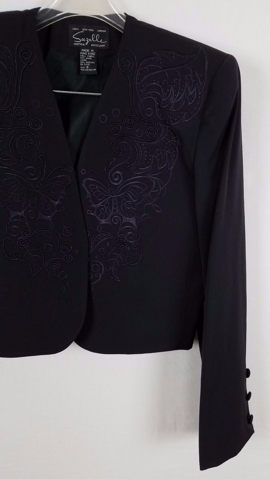 SUZELLE black vintage Jacket Embroidered Butterflies and Leaves size 6