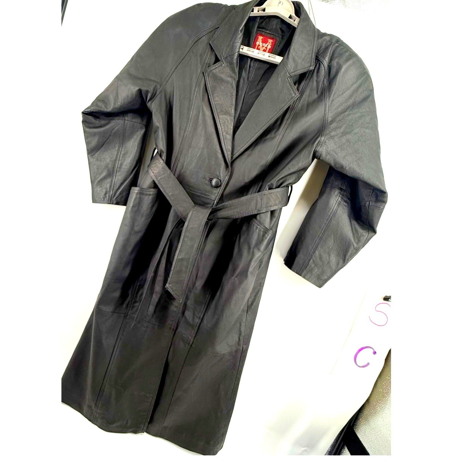 VTG Maurices Trench Coat Medium Women Oversize Leather Belted Black Full Length