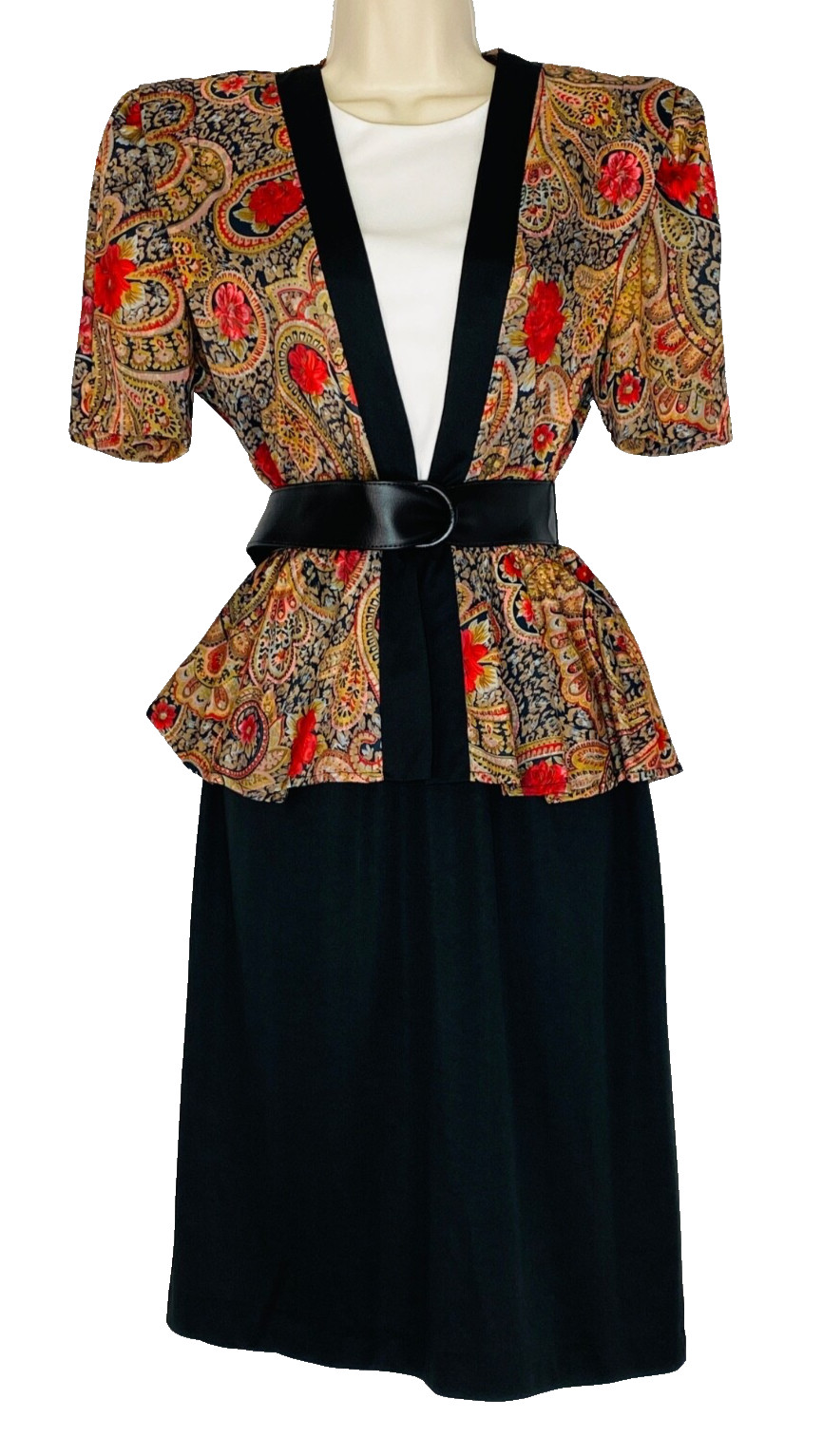 Vintage 1980s red floral peplum dress, 1940s style short sleeve midi black suit