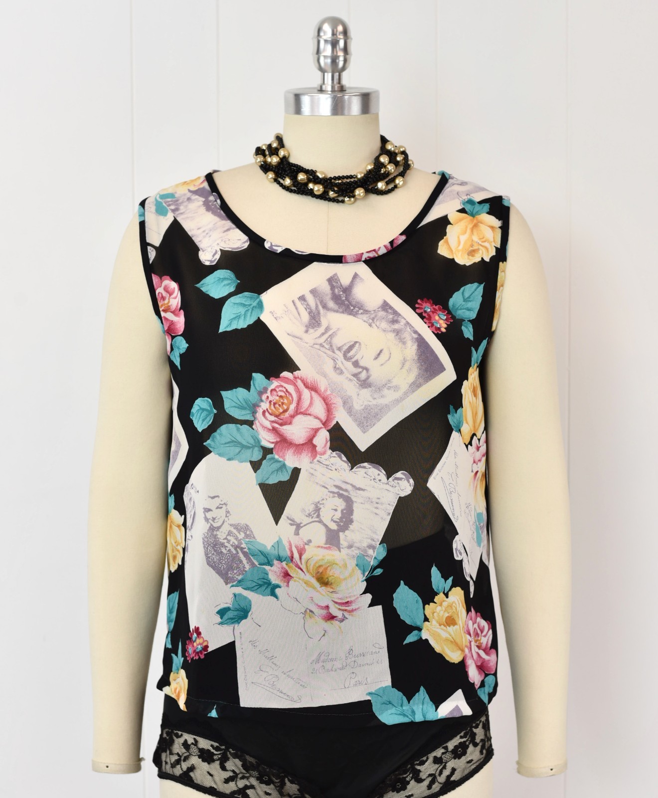 Vintage Marilyn Monroe Novelty Print Floral Black Sheer Lingerie Top Robe Set